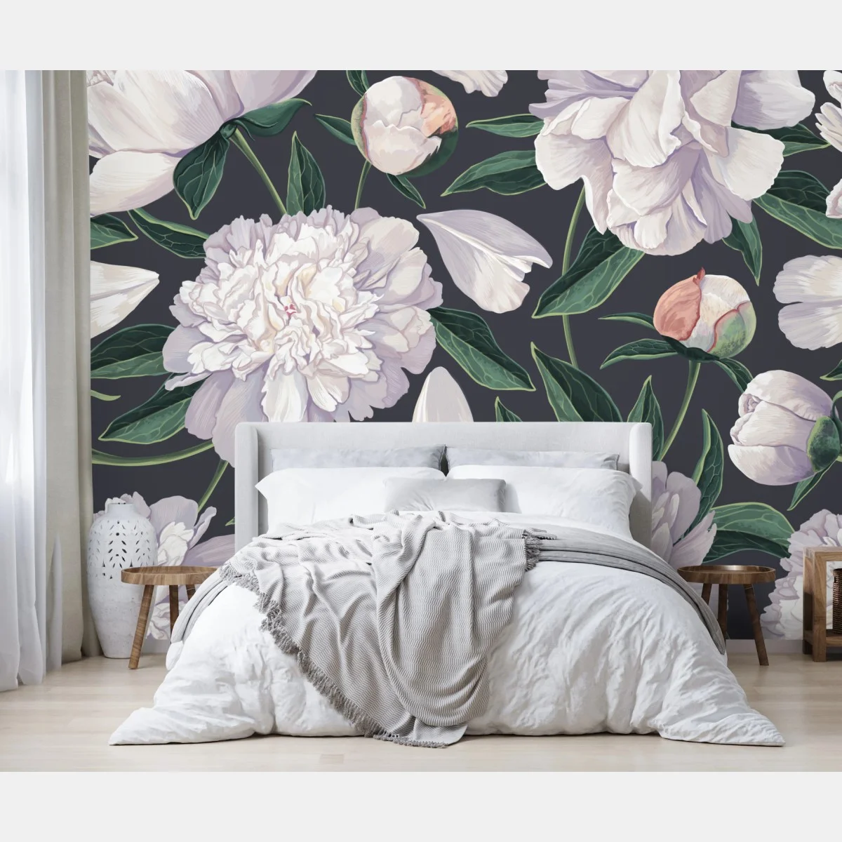 Fototapeta wzór białych piwonii na grafitowym tle – Wallissimo® Fototapeta wzór białych piwonii na grafitowym tle – Wallissimo®