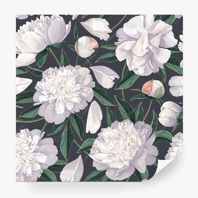 Fototapeta wzór białych piwonii na grafitowym tle