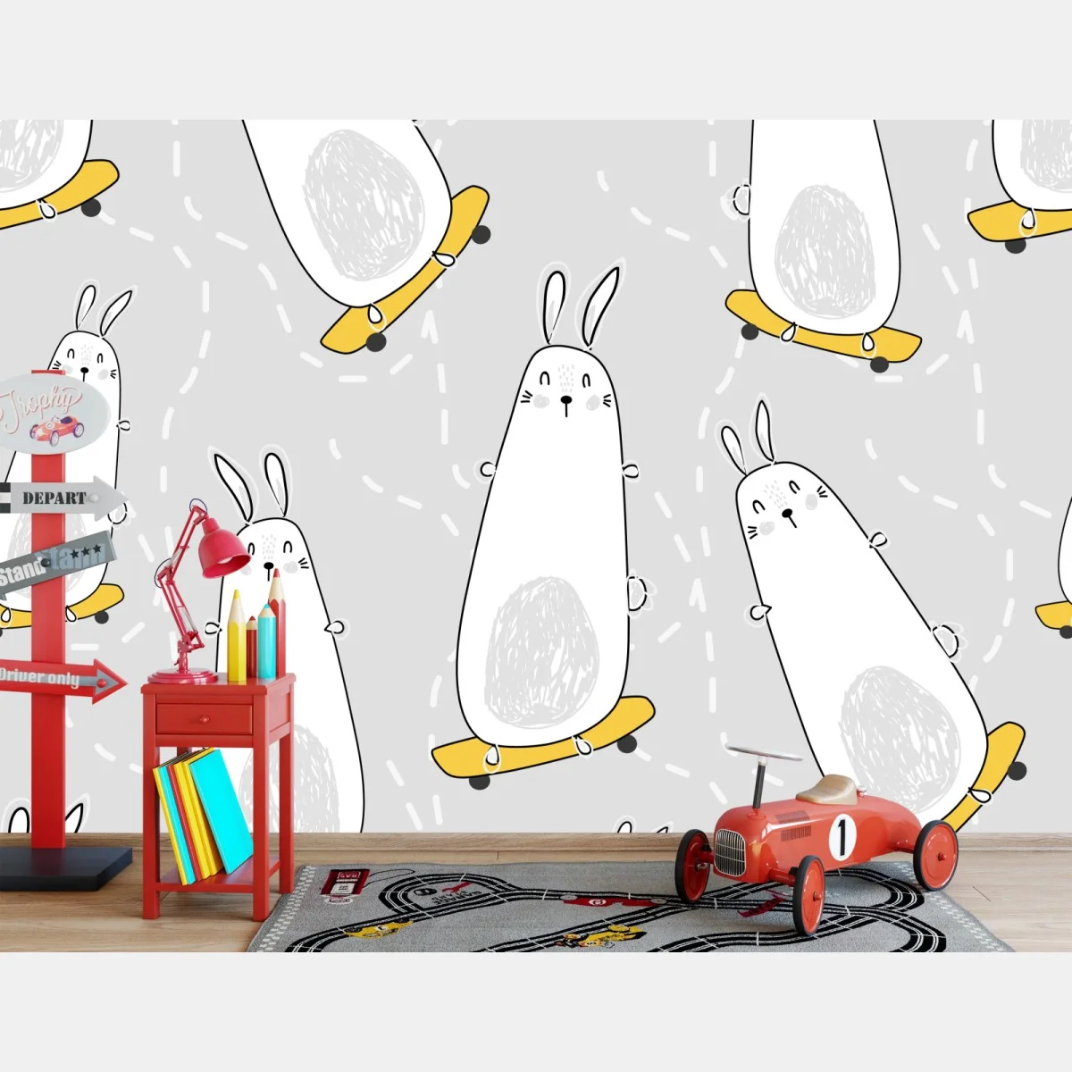 Fototapeta zabawne króliki na deskorolkach – Wallissimo® Fototapeta zabawne króliki na deskorolkach – Wallissimo®