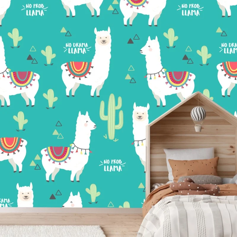 Fototapeta radosny wzór z lamami na turkusowym tle