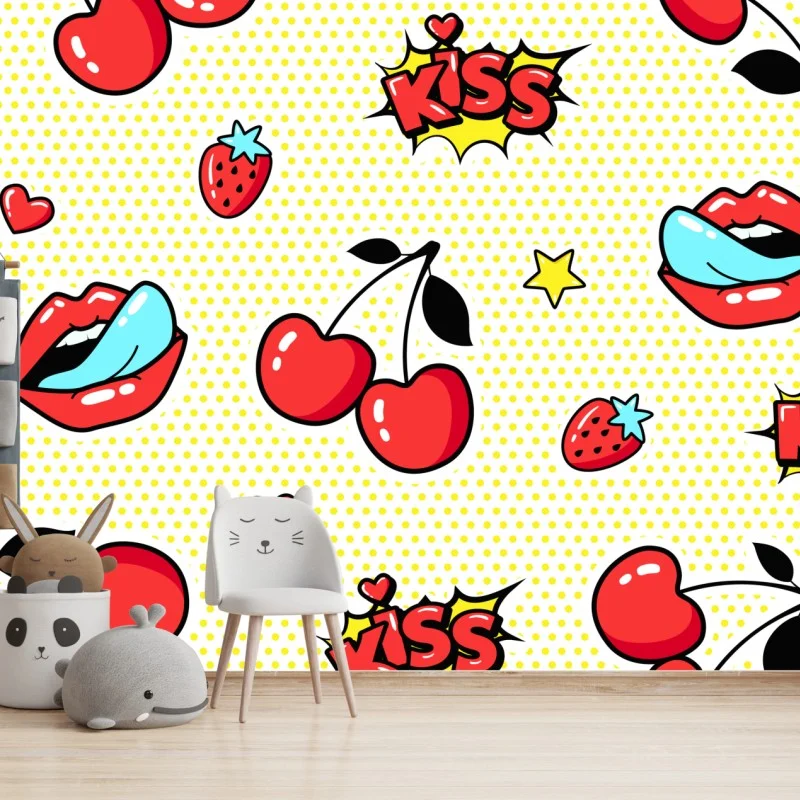 Fototapeta zabawny pop art wzór z wisienkami i całusem