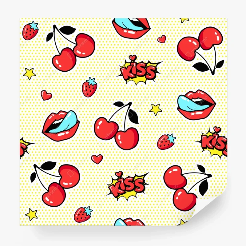 Fototapeta zabawny pop art wzór z wisienkami i całusem