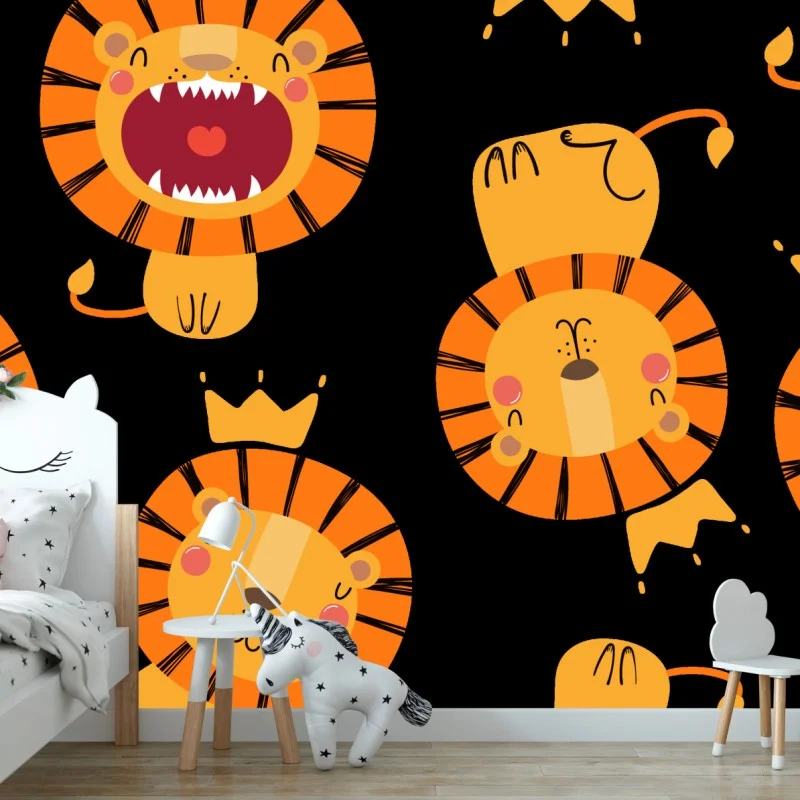 Fototapeta wesoły wzór lwów na czarnym tle