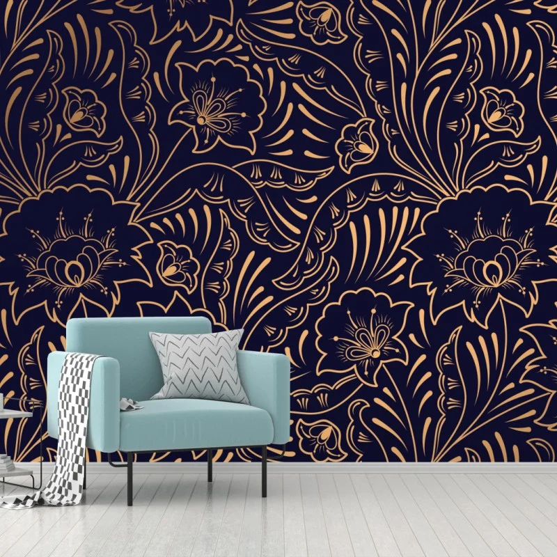 Fototapeta złoty kwiatowy ornament na granatowym tle