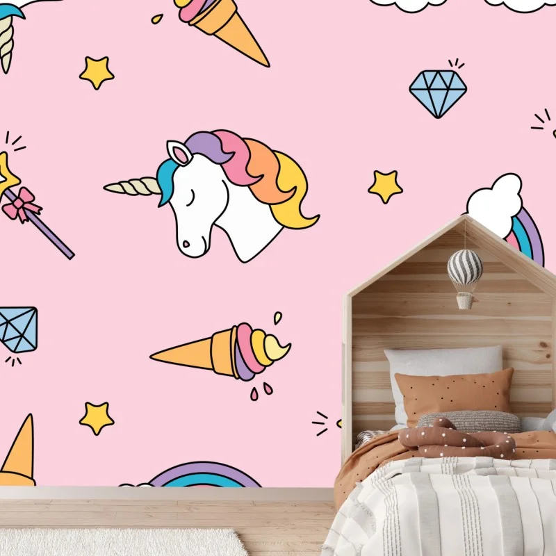 Fototapeta pastelowy wzór z jednorożcami i tęczami