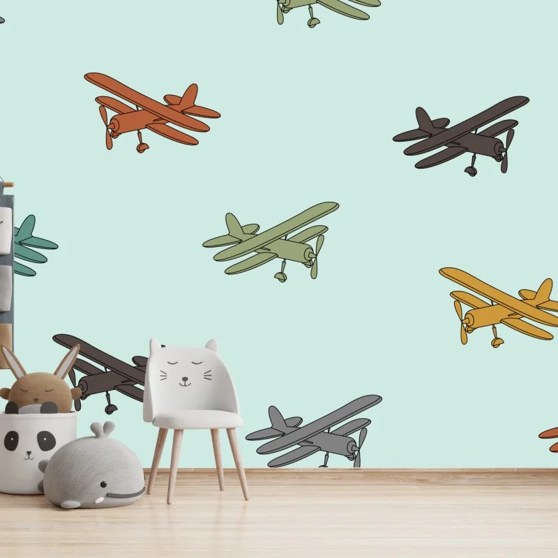 Fototapeta wzór z dwupłatowcami na turkusowym tle