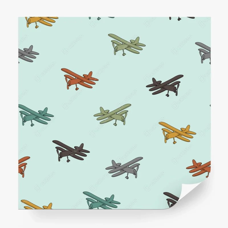 Fototapeta wzór z dwupłatowcami na turkusowym tle