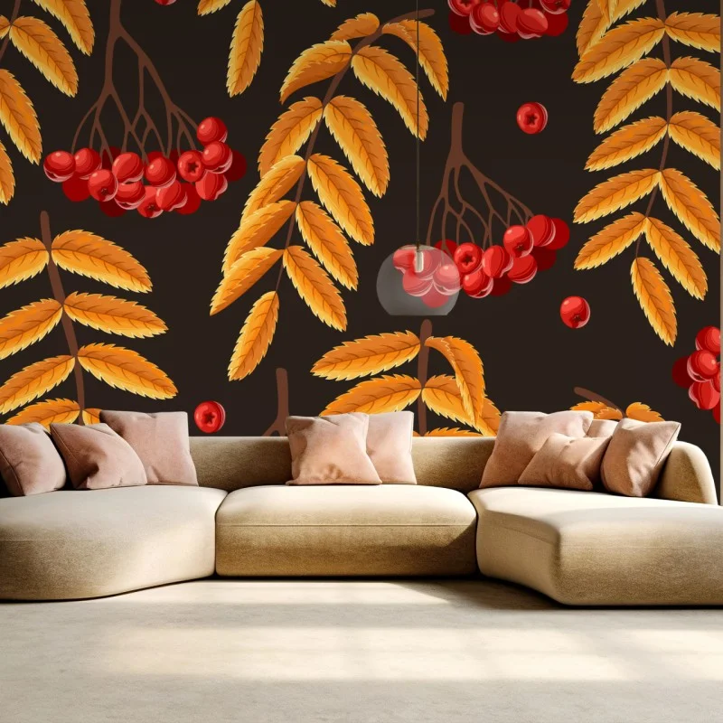 Fototapeta jesienny wzór z liśćmi jarzębiny