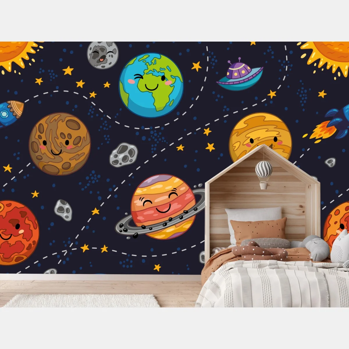 Fototapeta uśmiechnięte planety na zabawnym tle kosmicznym – Wallissimo® Fototapeta uśmiechnięte planety na zabawnym tle kosmicznym – Wallissimo®
