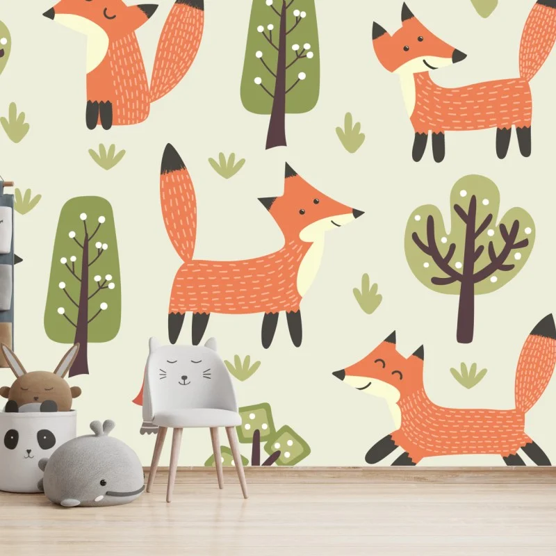 Fototapeta wesoły leśny wzór z lisami