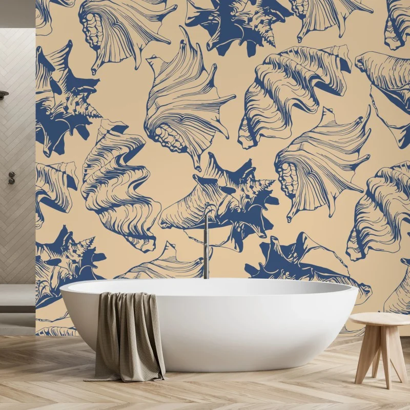 Fototapeta wzór z muszlami w granacie i beżu