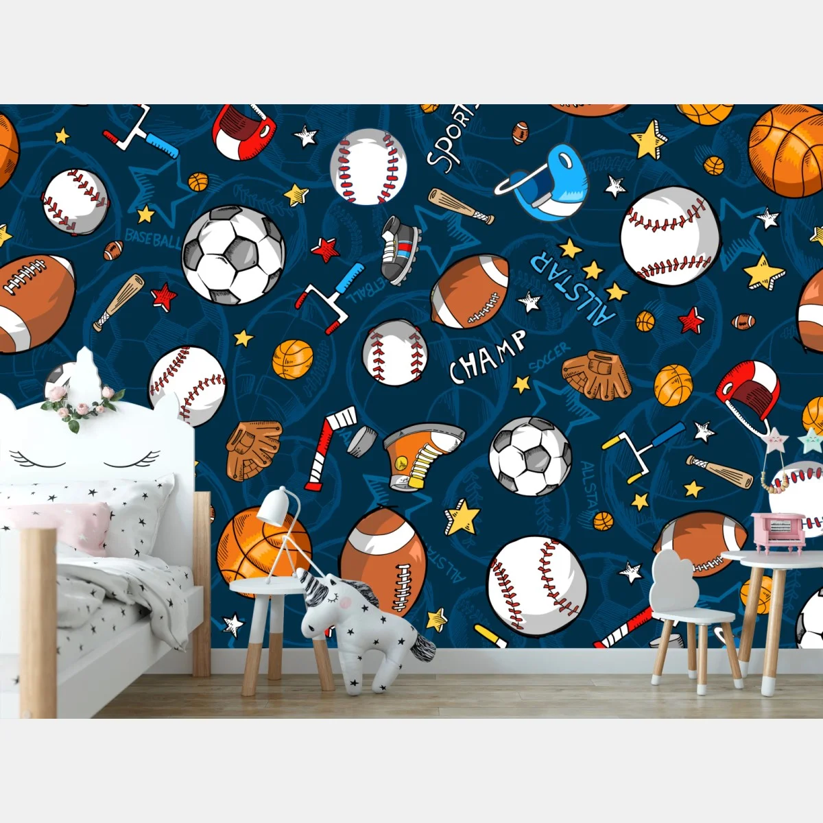 Fototapeta zabawny wzór sportowy na granatowym tle – Wallissimo® Fototapeta zabawny wzór sportowy na granatowym tle – Wallissimo®