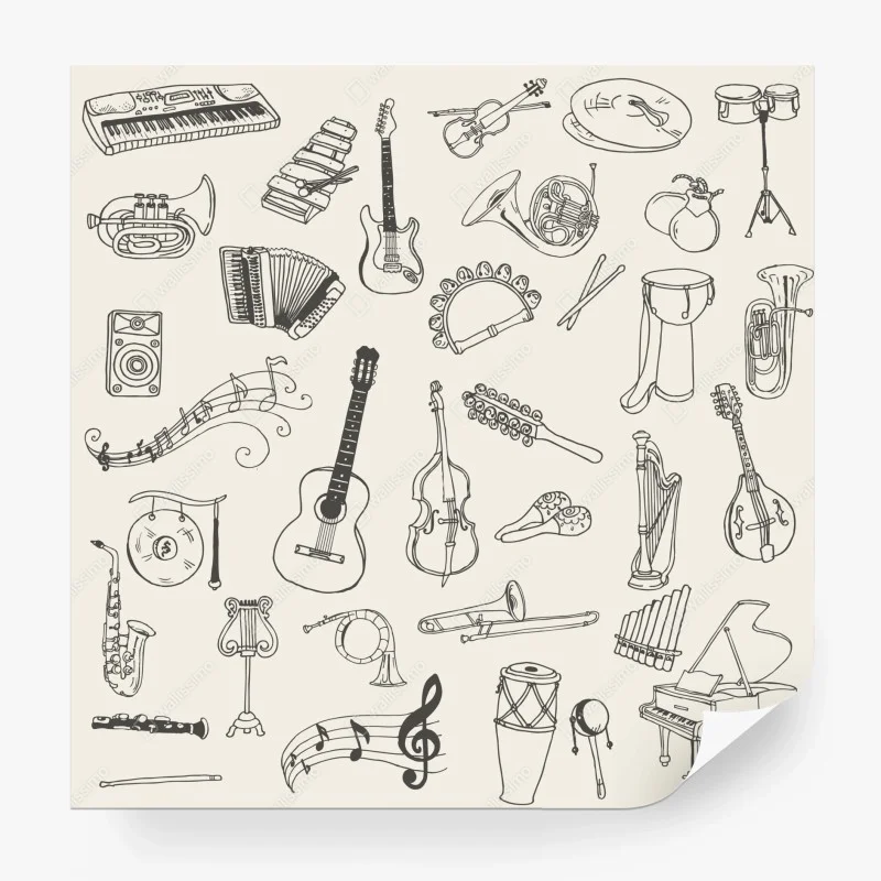 Fototapeta ręcznie rysowane instrumenty muzyczne kolaż