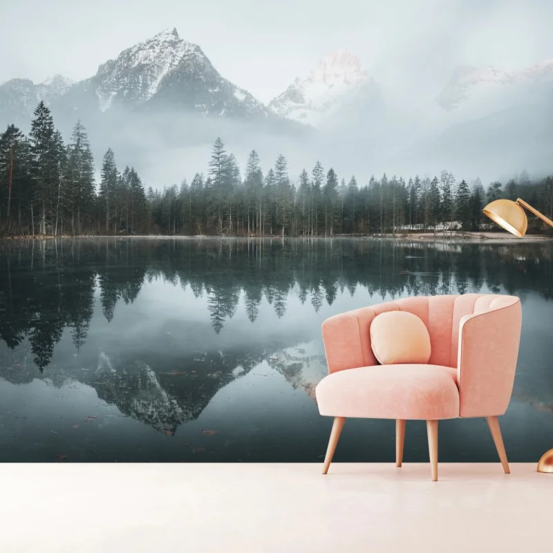 Fototapeta mglista alpejska panorama nad jeziorem