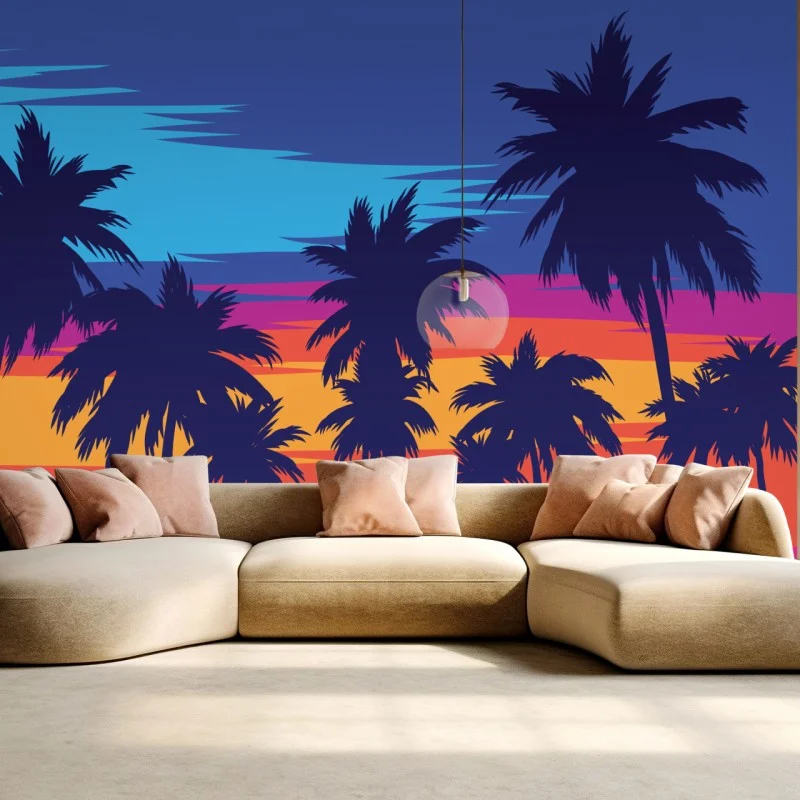 Fototapeta żywy zachód słońca z palmami