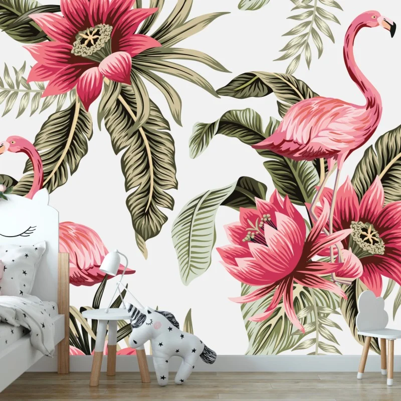 Fototapeta tropikalne różowe flamingi i kwiaty