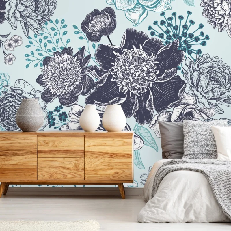 Fototapeta kwiatowy wzór peonii w odcieniach turkusu i granatu