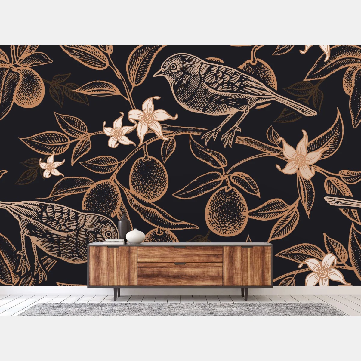 Fototapeta vintage wzór ptaków i cytrusów – Wallissimo® Fototapeta vintage wzór ptaków i cytrusów – Wallissimo®