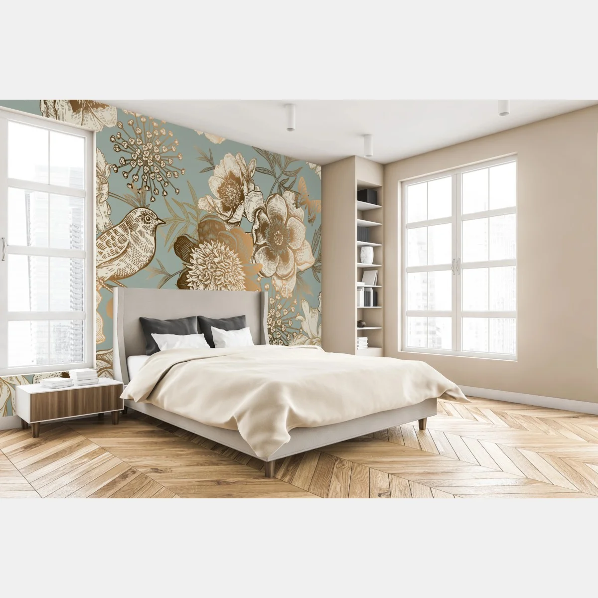 Fototapeta vintage botaniczny motyw kwiatowy z ptakiem – Wallissimo® Fototapeta vintage botaniczny motyw kwiatowy z ptakiem – Wallissimo®