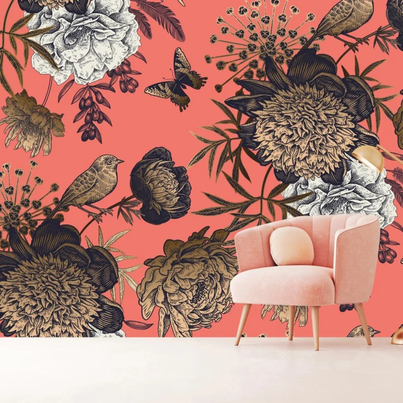 Fototapeta vintage wzór kwiatowy z ptakami na koralowym tle