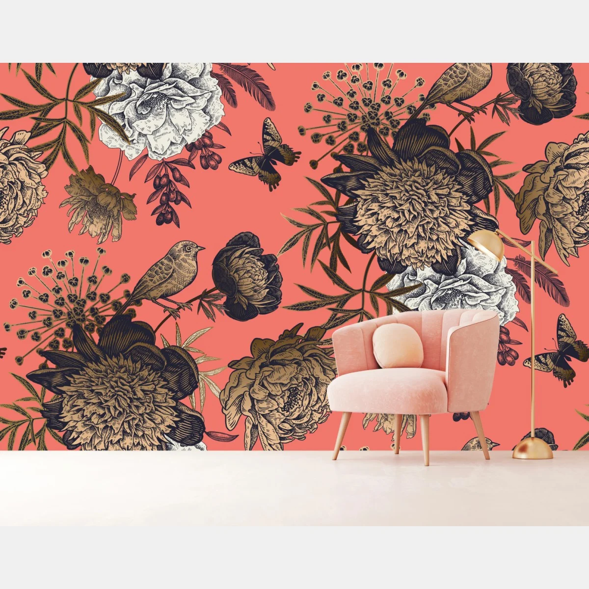 Fototapeta vintage wzór kwiatowy z ptakami na koralowym tle – Wallissimo® Fototapeta vintage wzór kwiatowy z ptakami na koralowym tle – Wallissimo®