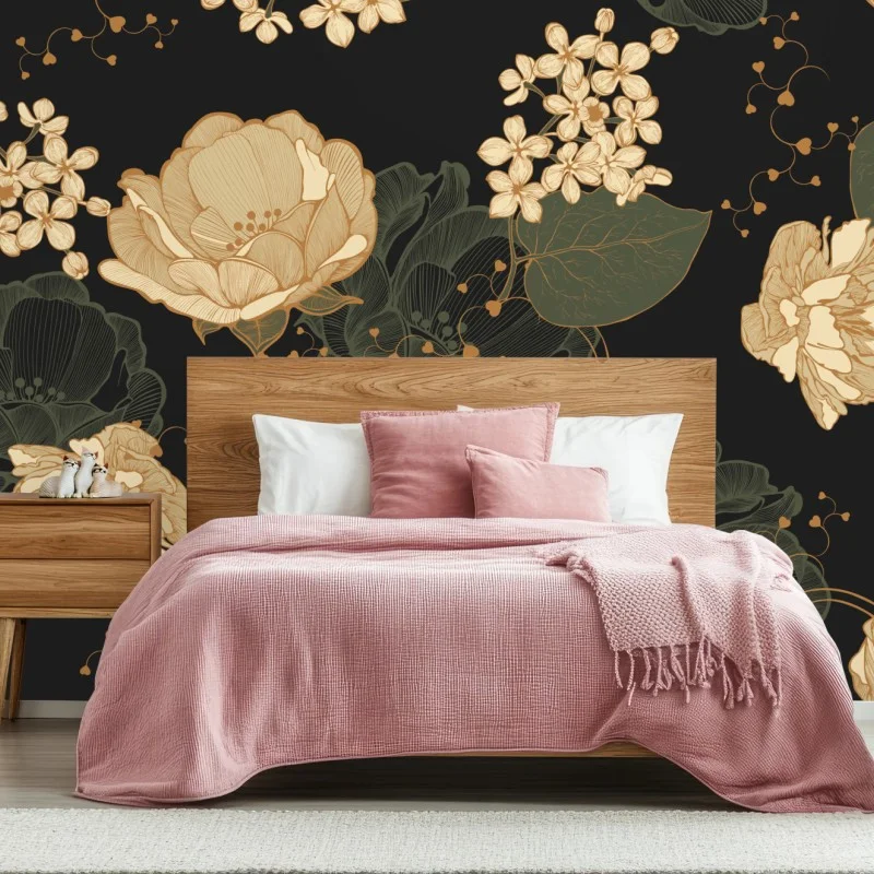 Fototapeta złote piwonie na ciemnym botanicznym tle