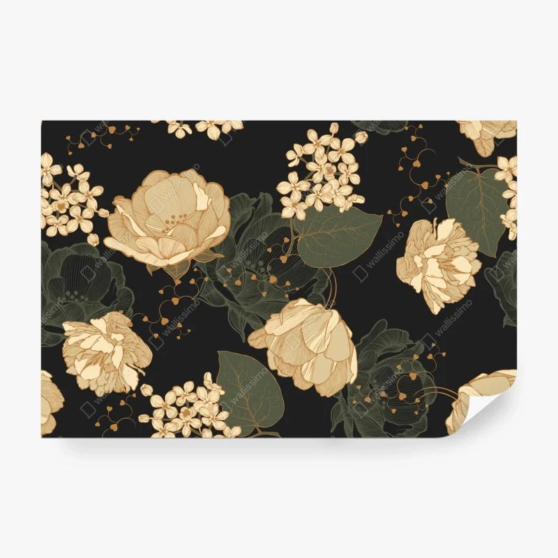 Fototapeta złote piwonie na ciemnym botanicznym tle