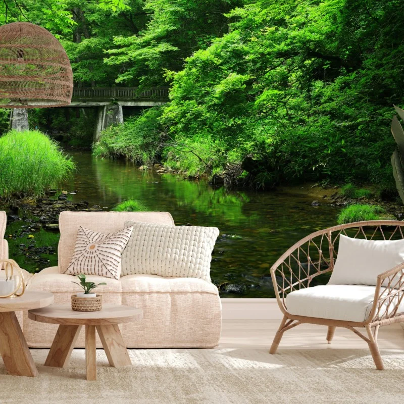 Fototapeta bujny zielony las z strumieniem i kamiennym mostem