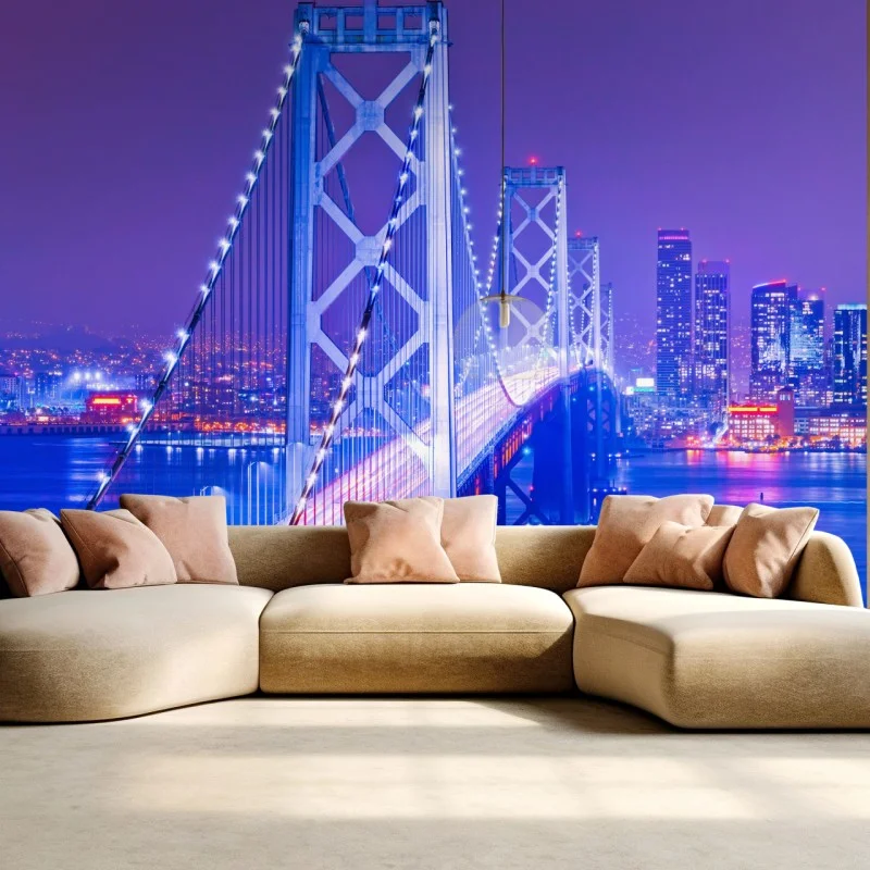 Fototapeta oświetlony most wiszący i panorama miasta nocą