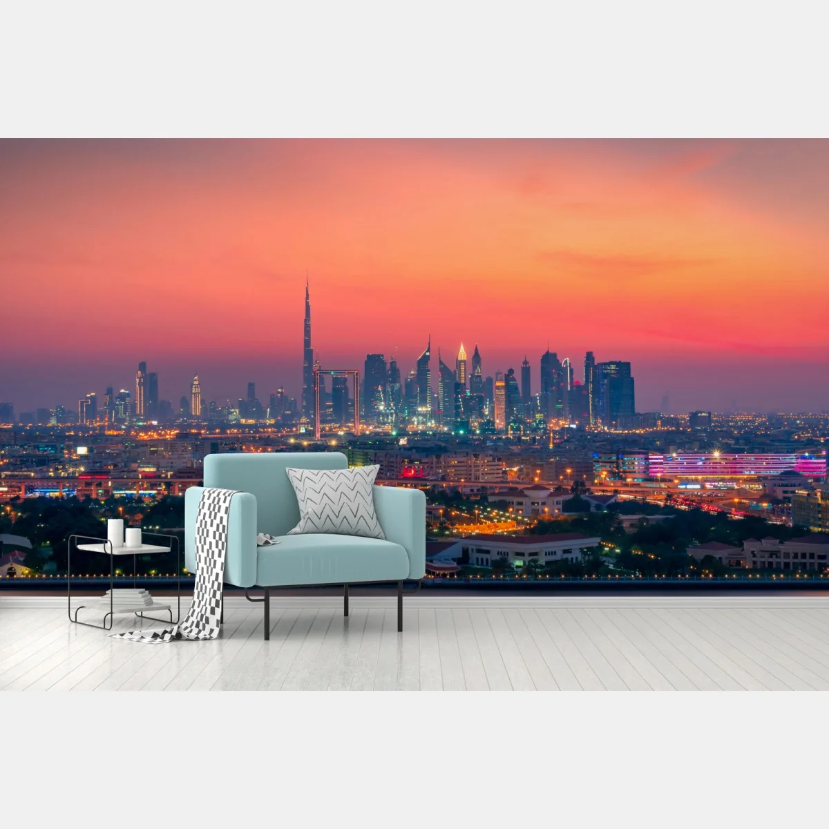 Fototapeta panorama Dubaju o zachodzie słońca – Wallissimo® Fototapeta panorama Dubaju o zachodzie słońca – Wallissimo®