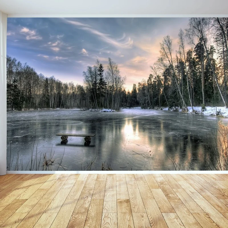 Fototapeta zamarznięte jezioro o świcie z leśnym odbiciem