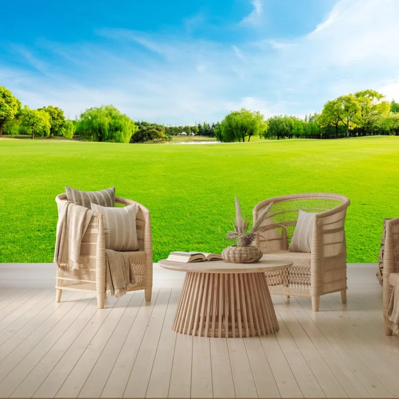 Fototapeta spokojna zielona łąka pod błękitnym niebem