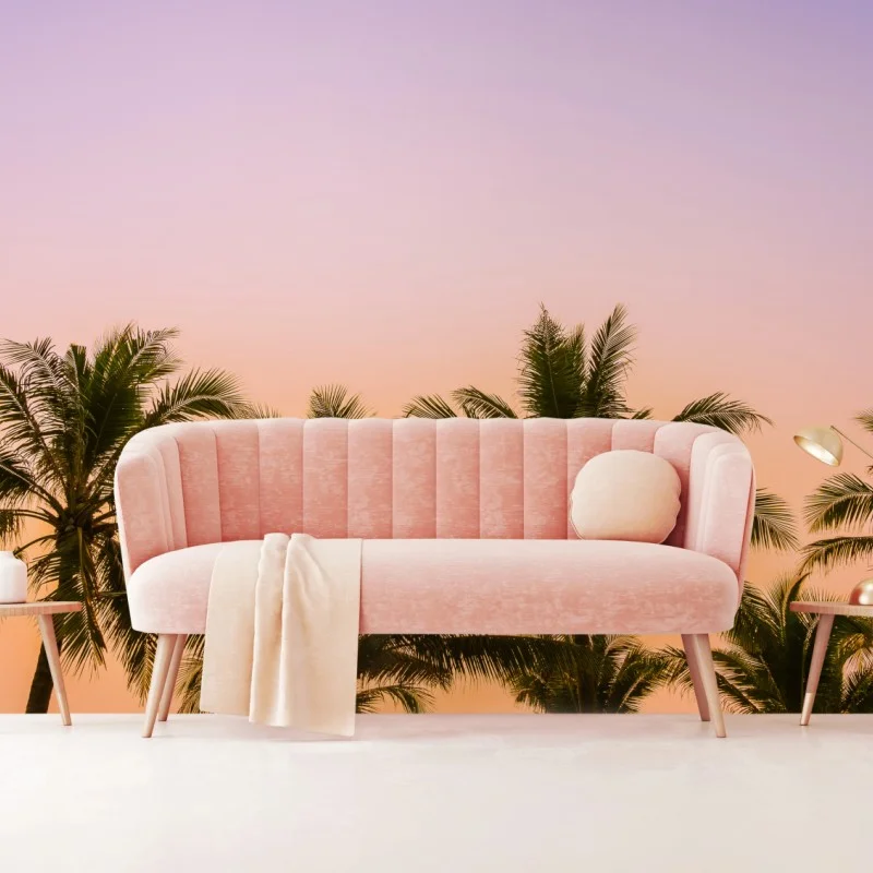 Fototapeta tropikalny zachód słońca z palmami na plaży