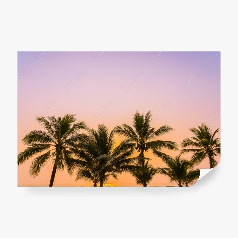Fototapeta tropikalny zachód słońca z palmami na plaży