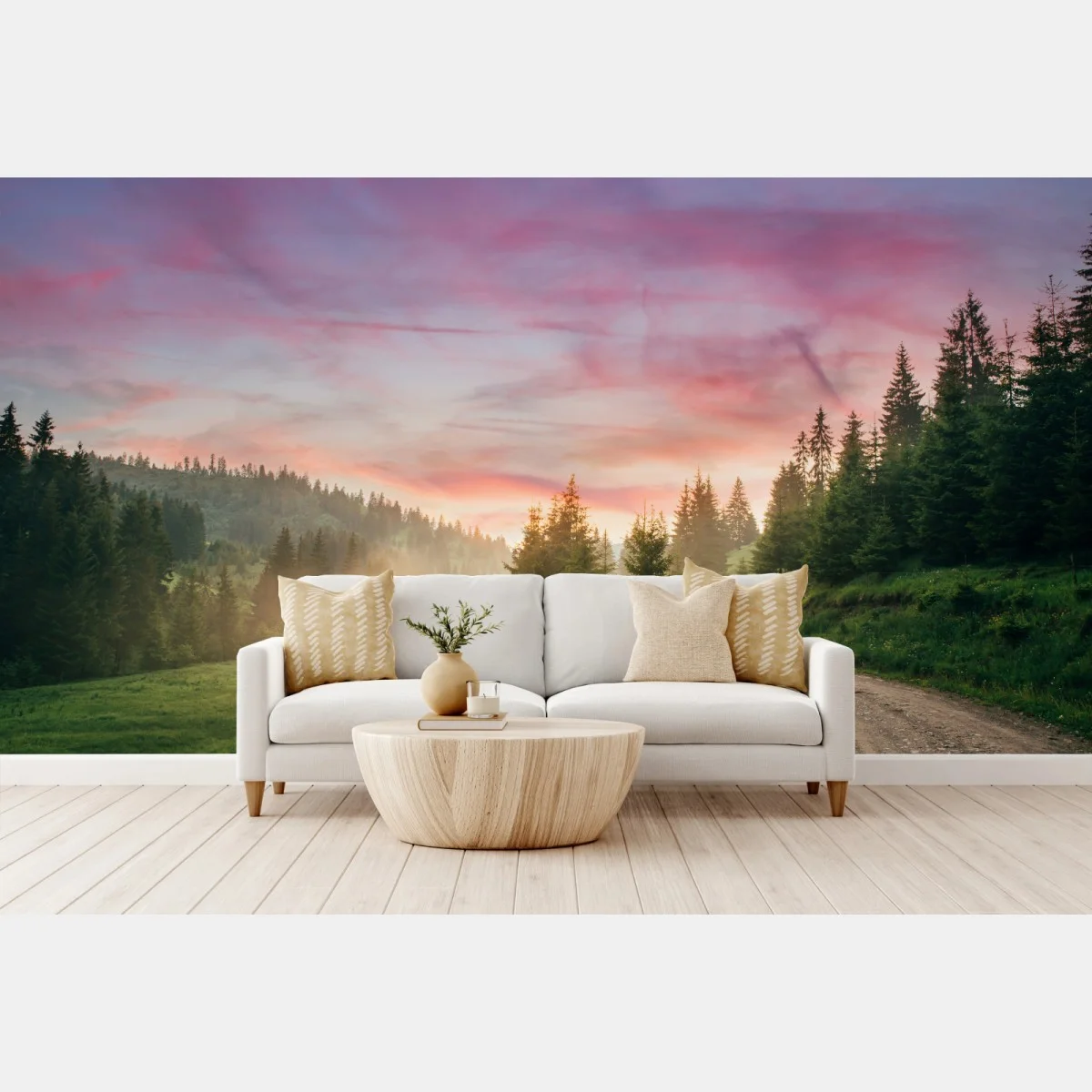 Fototapeta mglisty zachód słońca w sosnowym lesie – Wallissimo® Fototapeta mglisty zachód słońca w sosnowym lesie – Wallissimo®