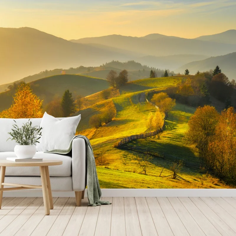 Fototapeta złote jesienne wzgórza o zachodzie słońca