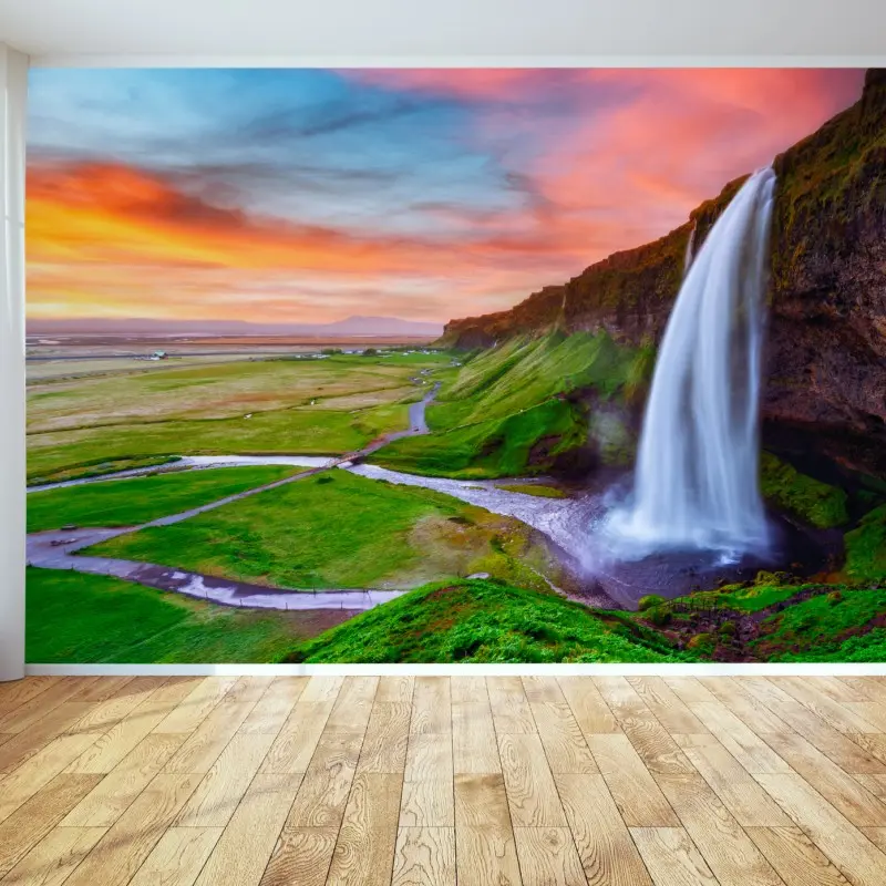 Fototapeta wodospad Seljalandsfoss o zachodzie słońca – Wallissimo® Fototapeta wodospad Seljalandsfoss o zachodzie słońca – Wallissimo®
