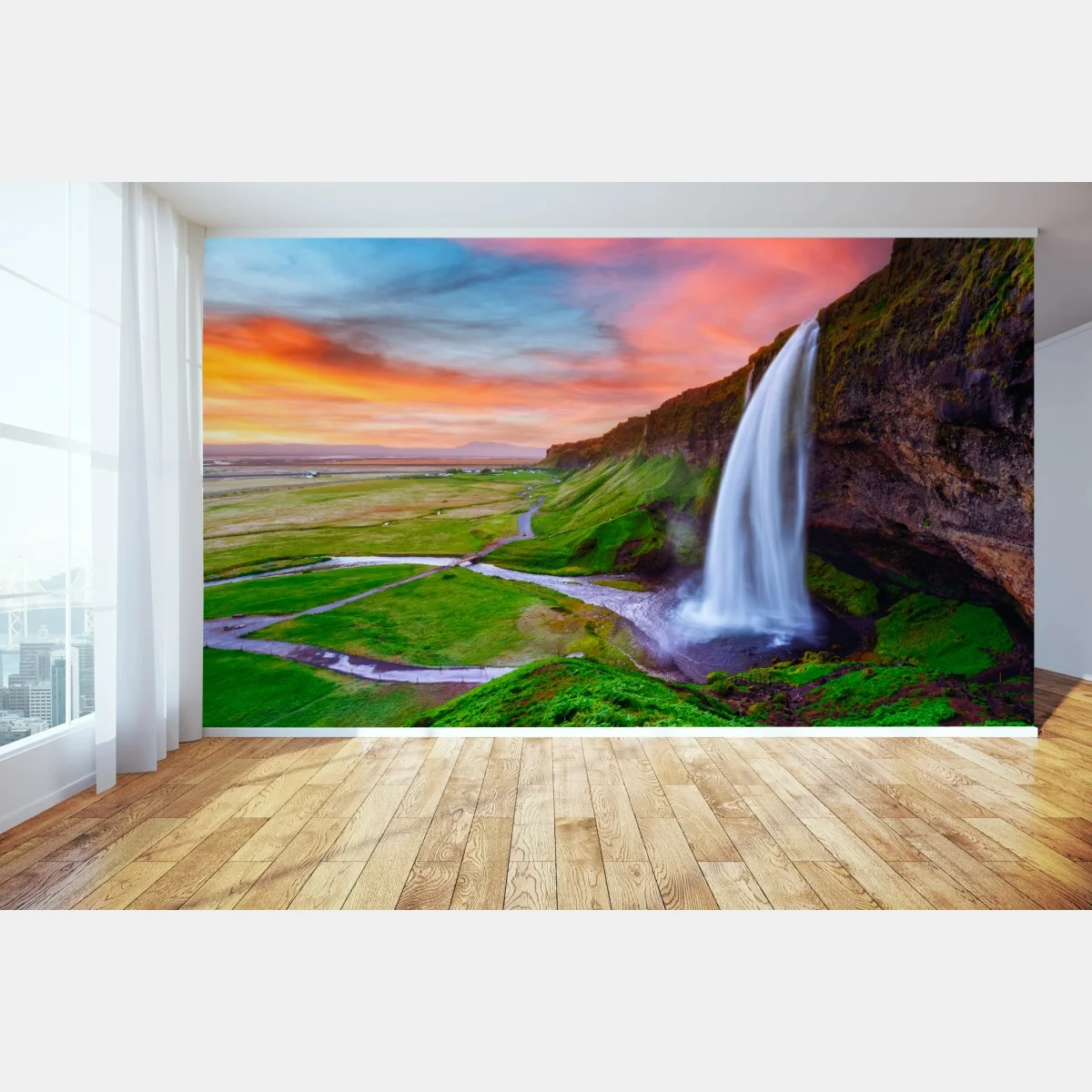 Fototapeta wodospad Seljalandsfoss o zachodzie słońca – Wallissimo® Fototapeta wodospad Seljalandsfoss o zachodzie słońca – Wallissimo®