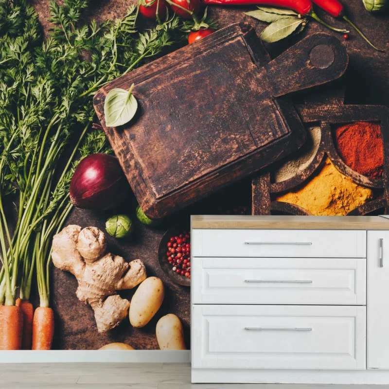 Fototapeta rustykalna kompozycja przypraw i świeżych warzyw