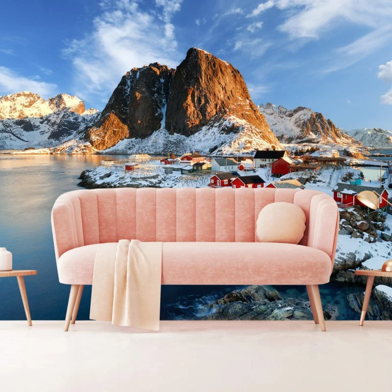 Fototapeta słoneczna wioska Hamnøy nad fiordem