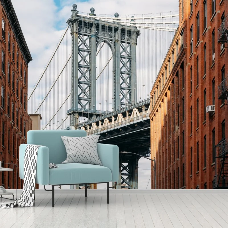 Fototapeta Brooklyn widok mostu między ceglanymi budynkami