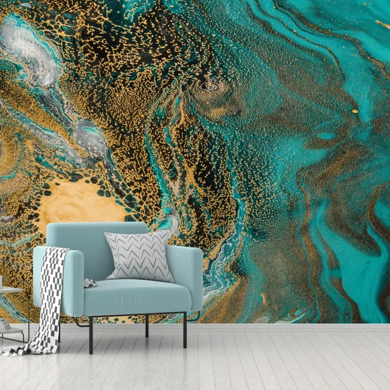 Fototapeta turkusowy i złoty płynny wir abstrakcji