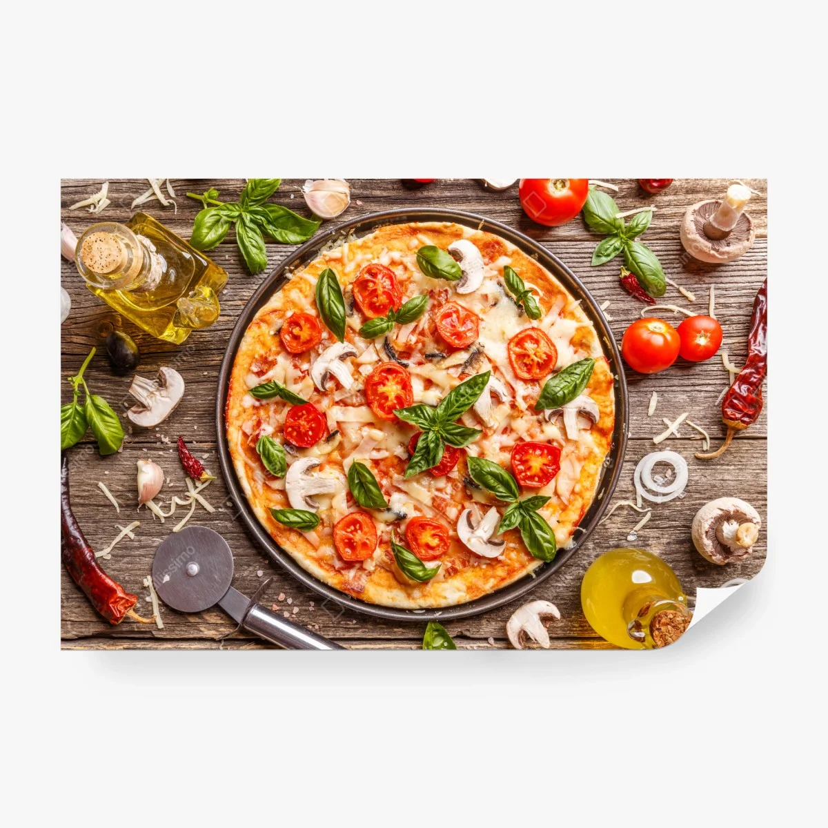 Fototapeta świeża pizza z bazylią i pomidorkami koktajlowymi – Wallissimo®