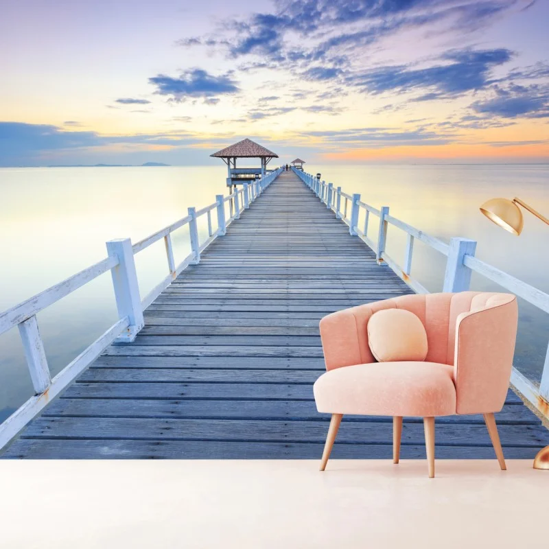 Fototapeta spokojne drewniane molo o zachodzie słońca