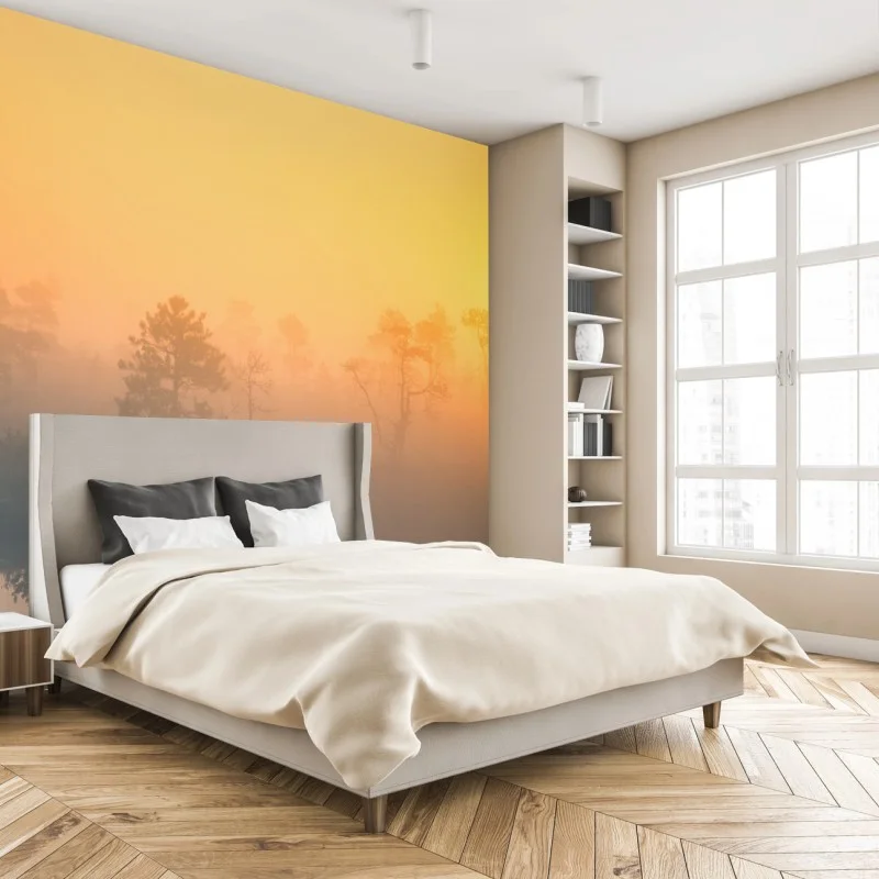 Fototapeta senny wschód słońca nad mglistym torfowiskiem