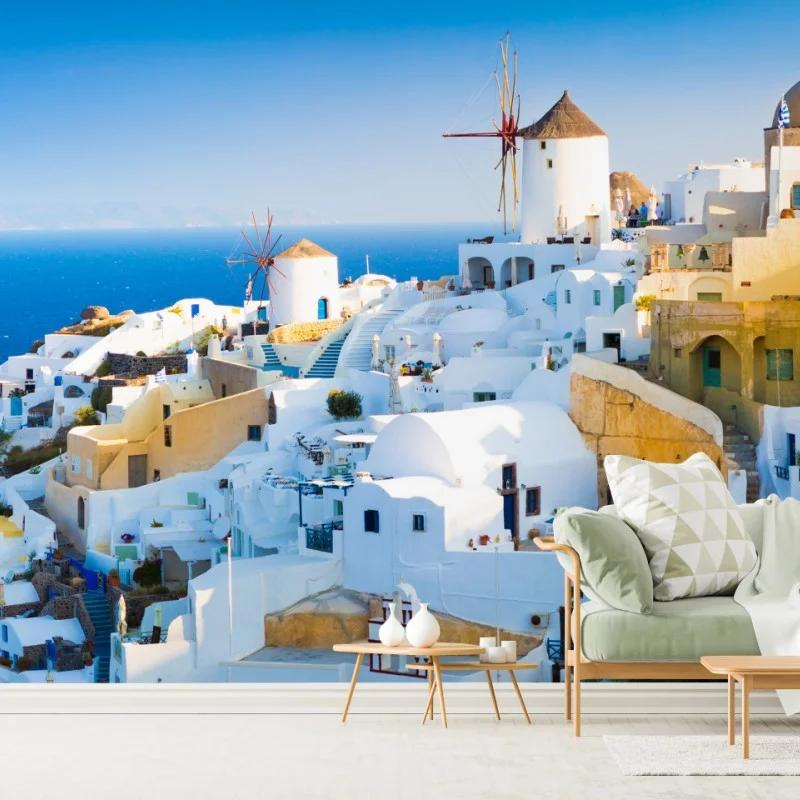 Fototapeta nasłonecznione miasteczko Santorini nad morzem