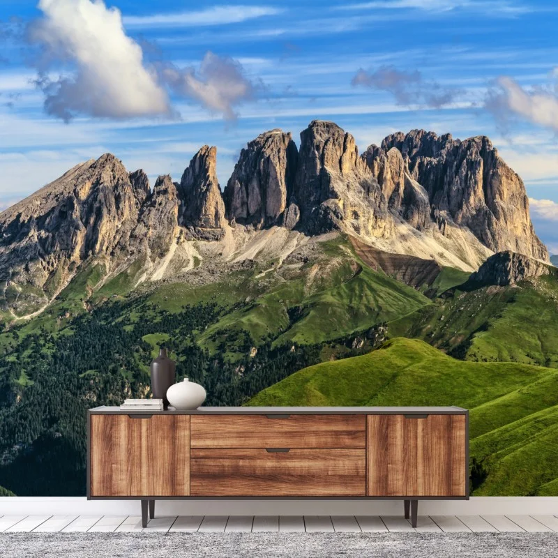 Fototapeta majestatyczna górska panorama z zielonymi wzgórzami