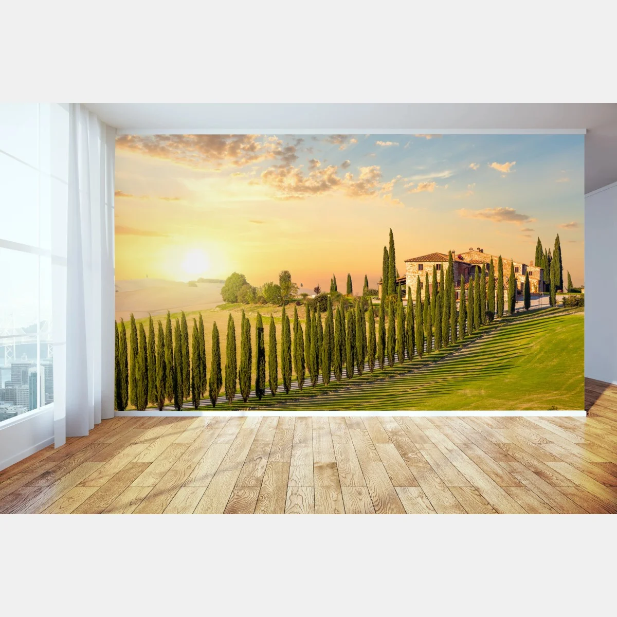 Fototapeta Toskania zachód słońca aleja cyprysów – Wallissimo® Fototapeta Toskania zachód słońca aleja cyprysów – Wallissimo®