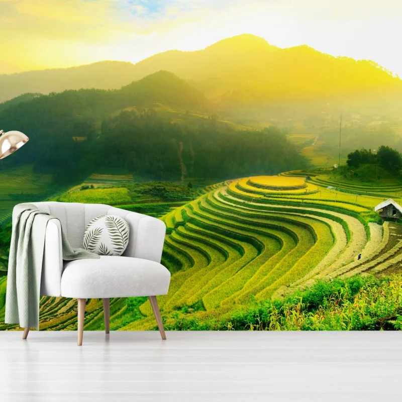 Fototapeta złote tarasy ryżowe o wschodzie słońca