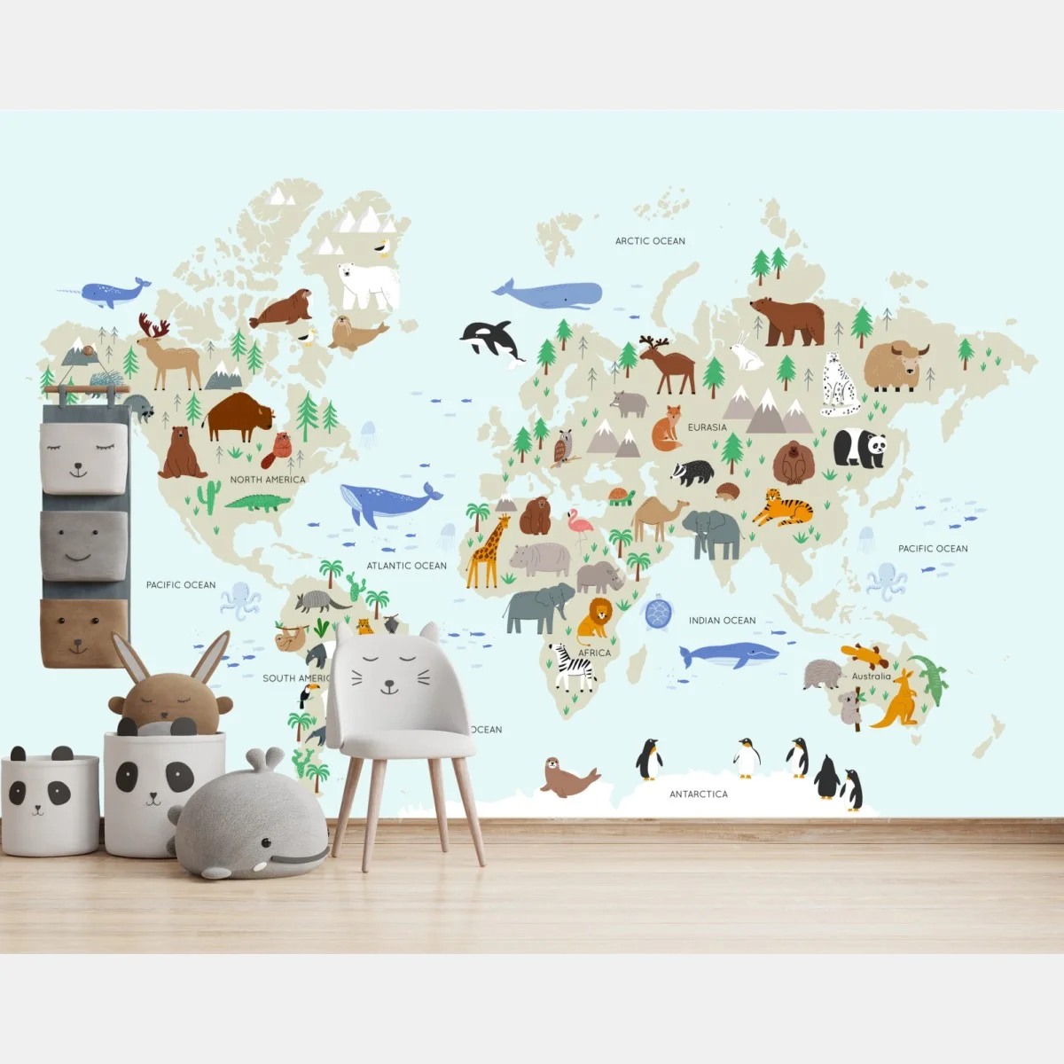 Fototapeta mapa świata ze zwierzętami dla dzieci – Wallissimo® Fototapeta mapa świata ze zwierzętami dla dzieci – Wallissimo®